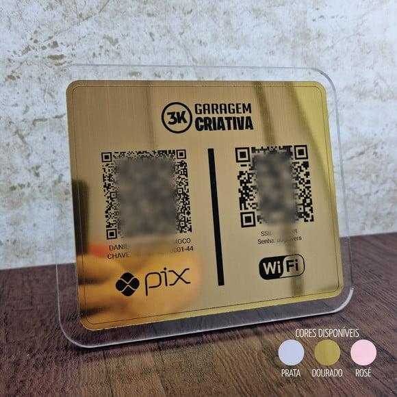 Placa 2 Qr Codes Aço Escovado Luxo Pix Instagram Wifi Logo