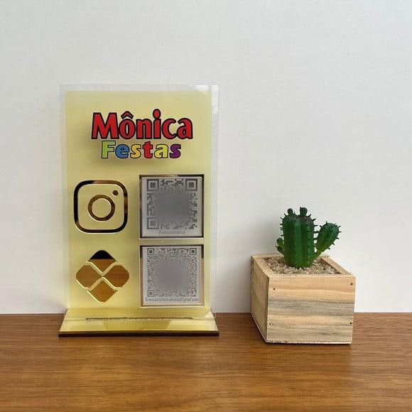 Placa 2 Qr Codes Acrílico Espelhado Pix Instagram Wifi Logo