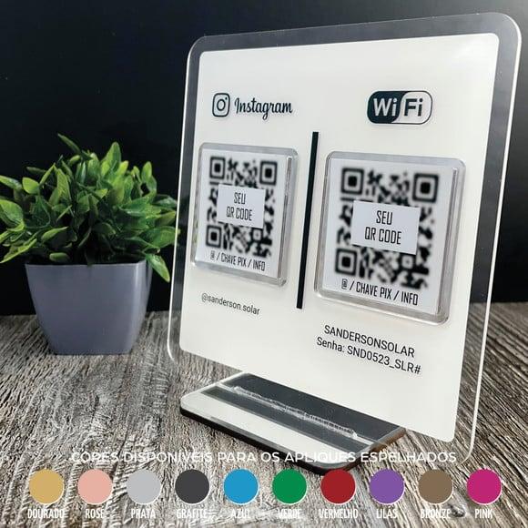 Placa 2 Qr Codes Acrílico Espelhado Pix Instagram Wifi Logo