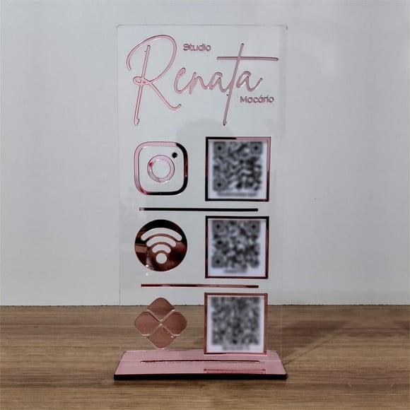 Placa 3 Qr Code Acrilico Espelhado Pix Instagram Wifi Logo