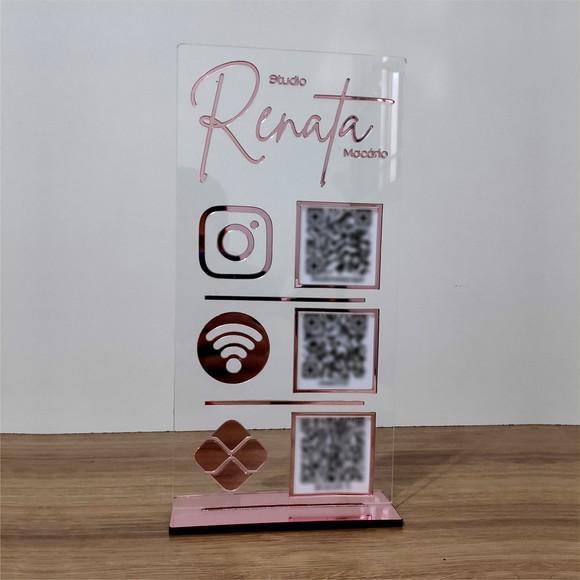 Placa 3 Qr Code Acrilico Espelhado Pix Instagram Wifi Logo