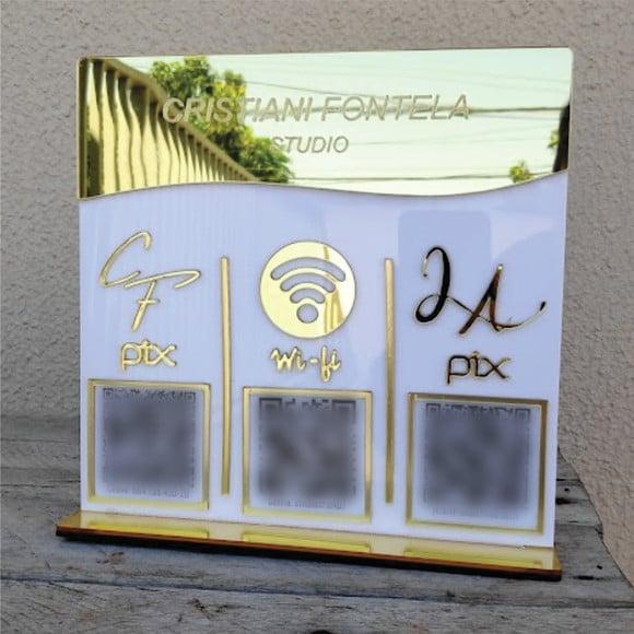 Placa 3 Qr Code Acrilico Espelhado Pix Instagram Wifi Logo