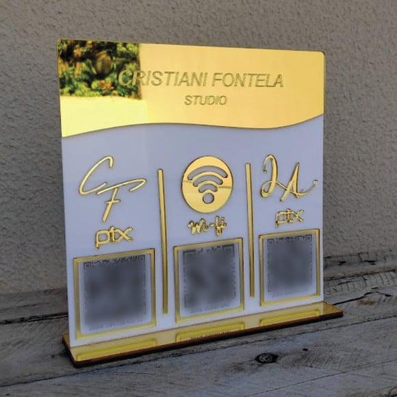 Placa 3 Qr Code Acrilico Espelhado Pix Instagram Wifi Logo