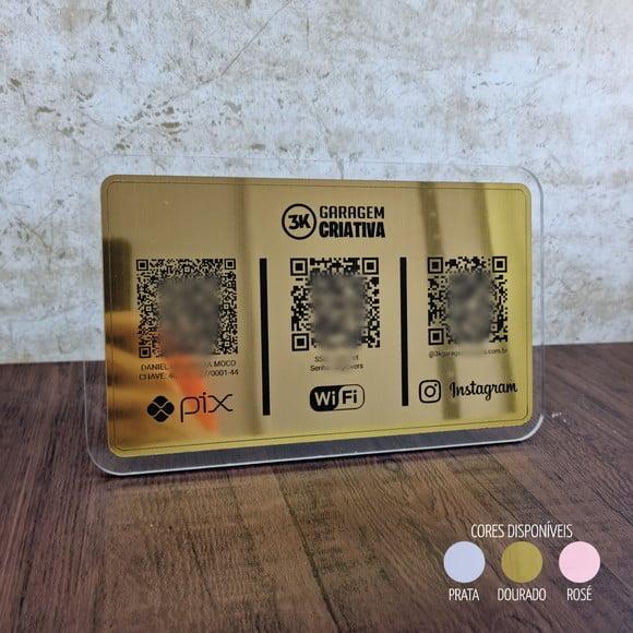 Placa 3 Qr Codes Aço Escovado Luxo Pix Instagram Wifi Logo