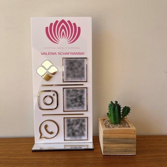 Placa 3 Qr Code Acrilico Espelhado Pix Instagram Wifi Logo