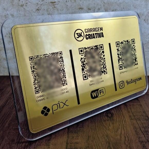 Placa 3 Qr Codes Aço Escovado Luxo Pix Instagram Wifi Logo