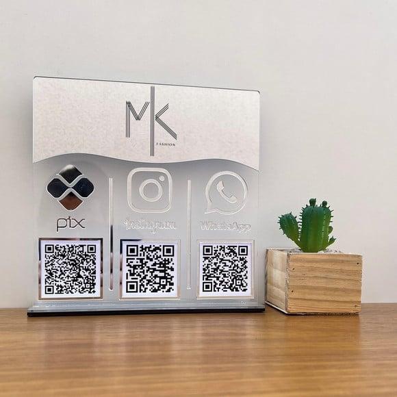 Placa 3 Qr Codes Acrílico Espelhado Pix Instagram Wifi Logo