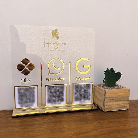 Placa 3 Qr Codes Acrílico Espelhado Pix Instagram Wifi Logo