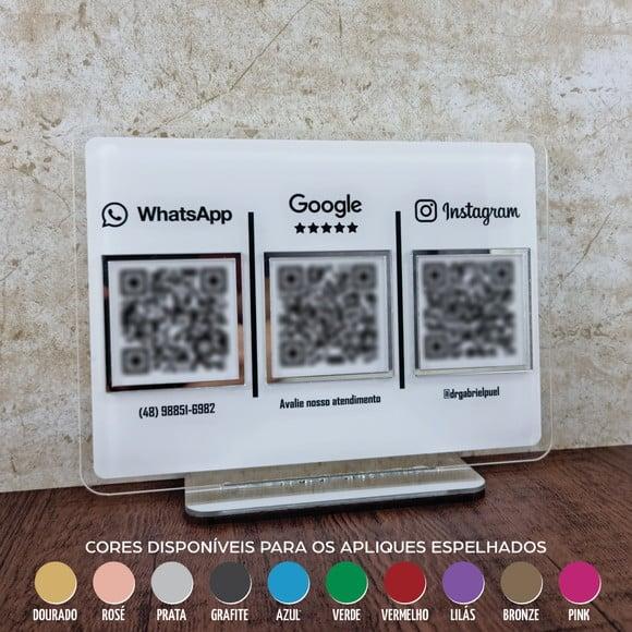 Placa 3 Qr Codes Acrílico Espelhado Pix Instagram Wifi Logo