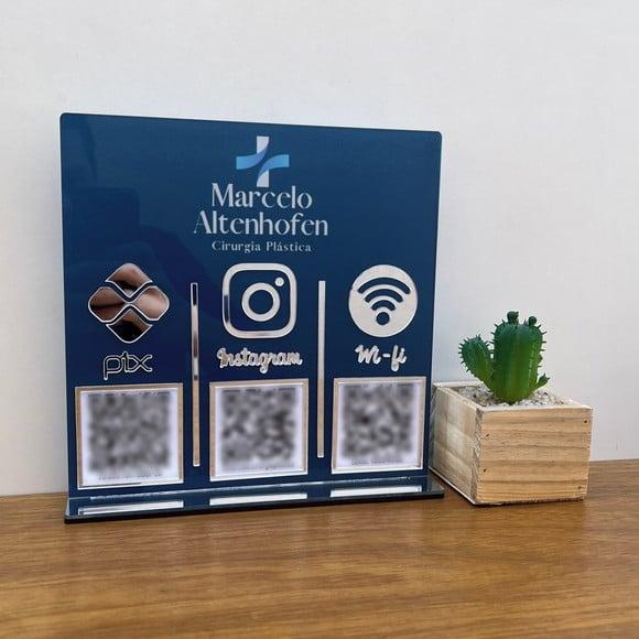 Placa 3 Qr Codes Acrílico Espelhado Pix Instagram Wifi Logo
