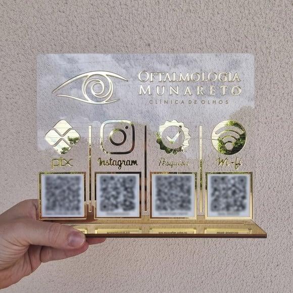 Placa 4 Qr Code Acrilico Espelhado Pix Instagram Wifi Logo