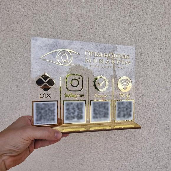 Placa 4 Qr Code Acrilico Espelhado Pix Instagram Wifi Logo
