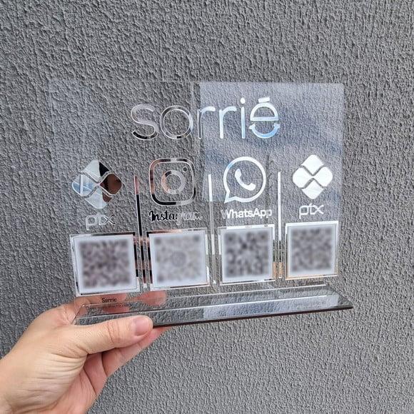 Placa 4 Qr Code Acrilico Espelhado Pix Instagram Wifi Logo