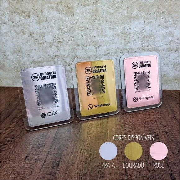 Placa 4 Qr Codes Aço Escovado Luxo Pix Instagram Wifi Logo
