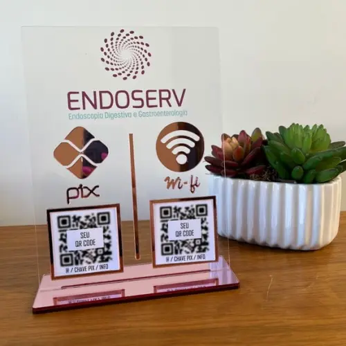 Placa 2 Qr Code Acrilico Espelhado Pix Instagram Wifi Logo