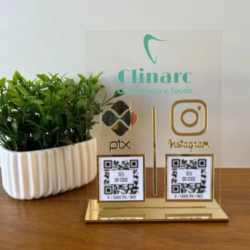 Placa 2 Qr Code Acrilico Espelhado Pix Instagram Wifi Logo