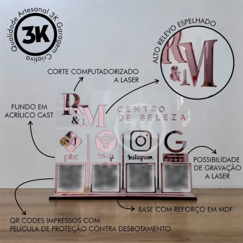 Placa 2 Qr Codes Acrílico Espelhado Pix Instagram Wifi Logo