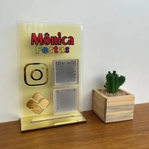 Placa 2 Qr Codes Acrílico Espelhado Pix Instagram Wifi Logo