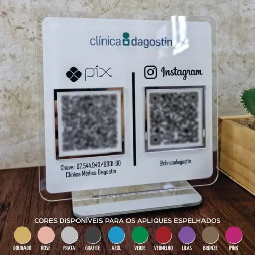 Placa 2 Qr Codes Acrílico Espelhado Pix Instagram Wifi Logo