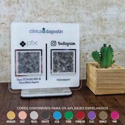 Placa 2 Qr Codes Acrílico Espelhado Pix Instagram Wifi Logo
