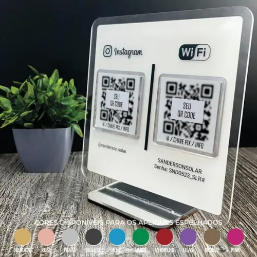 Placa 2 Qr Codes Acrílico Espelhado Pix Instagram Wifi Logo