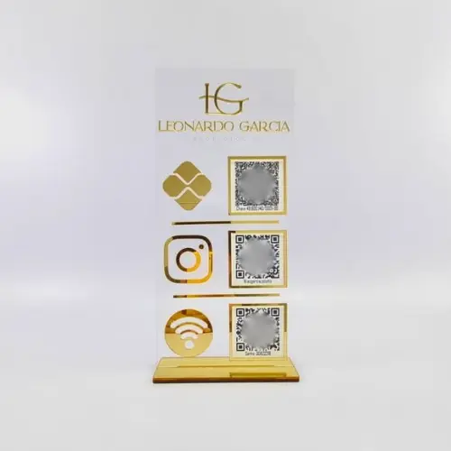 Placa 3 Qr Code Acrilico Espelhado Pix Instagram Wifi Logo