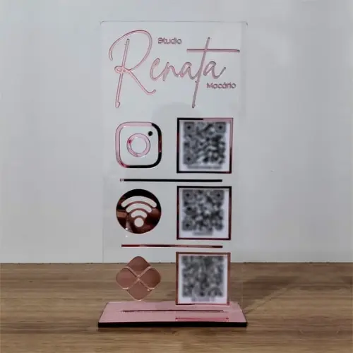Placa 3 Qr Code Acrilico Espelhado Pix Instagram Wifi Logo