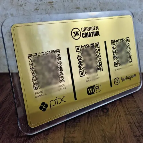Placa 3 Qr Codes Aço Escovado Luxo Pix Instagram Wifi Logo