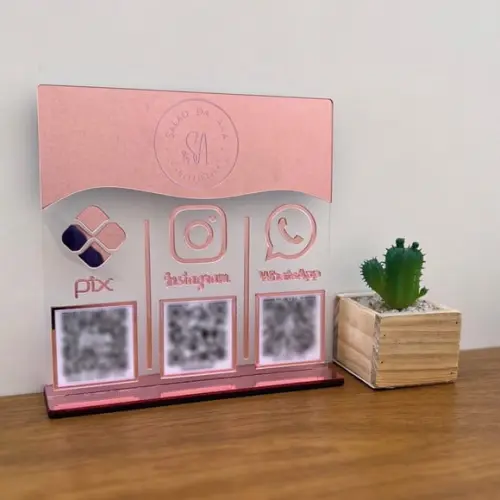 Placa 3 Qr Codes Acrílico Espelhado Pix Instagram Wifi Logo