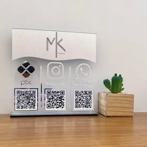 Placa 3 Qr Codes Acrílico Espelhado Pix Instagram Wifi Logo