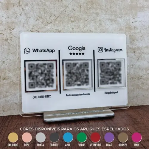 Placa 3 Qr Codes Acrílico Espelhado Pix Instagram Wifi Logo