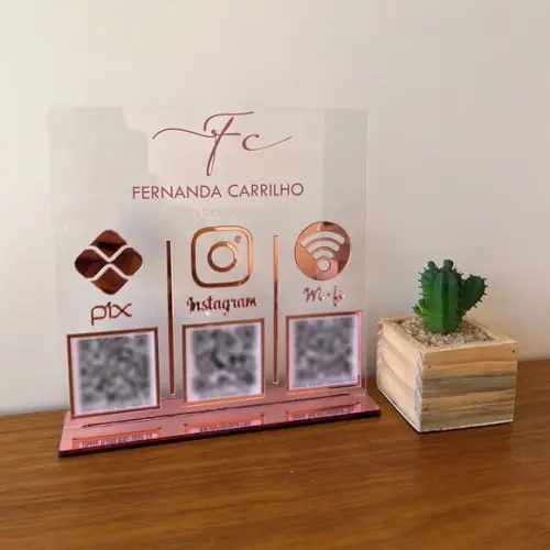 Placa 3 Qr Codes Acrílico Espelhado Pix Instagram Wifi Logo