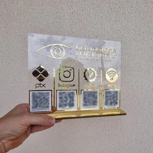 Placa 4 Qr Code Acrilico Espelhado Pix Instagram Wifi Logo