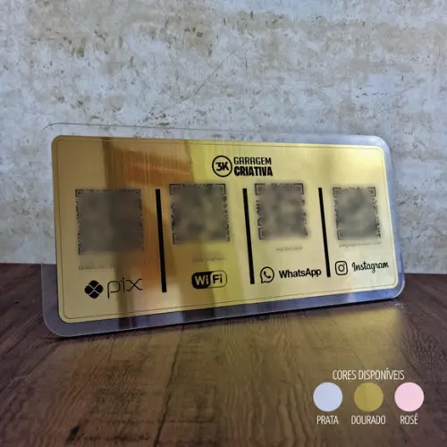 Placa 4 Qr Codes Aço Escovado Luxo Pix Instagram Wifi Logo