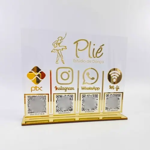Placa 4 Qr Codes Acrílico Espelhado Pix Instagram Wifi Logo