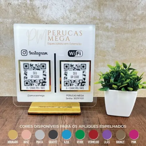 Placa 4 Qr Codes Acrílico Espelhado Pix Instagram Wifi Logo