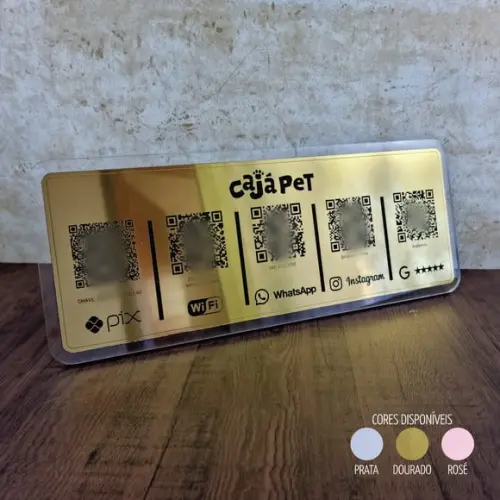 Placa 5 Qr Codes Aço Escovado Luxo Pix Instagram Wifi Logo