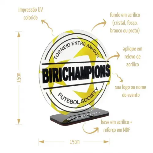 Trofeu Acrilico Bola de Ouro Dupla Camada Personalizado 15cm