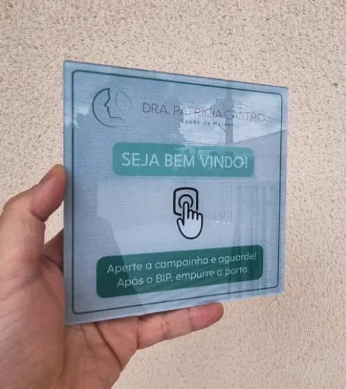 Placa Acrílico Comercio Personalizada Campainha Logo 15x15cm