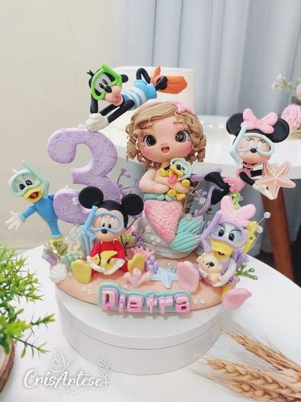 Topo de Bolo Mickey e Minnie Sereia Fundo do Mar Biscuit