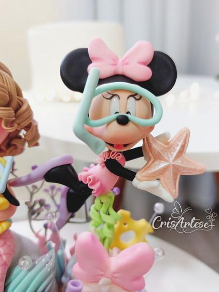 Topo de Bolo Mickey e Minnie Sereia Fundo do Mar Biscuit
