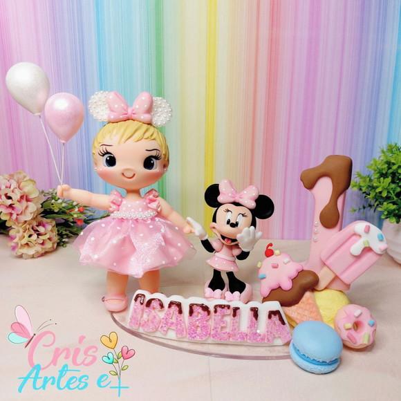 Topo de Bolo Minnie Rosa em Biscuit