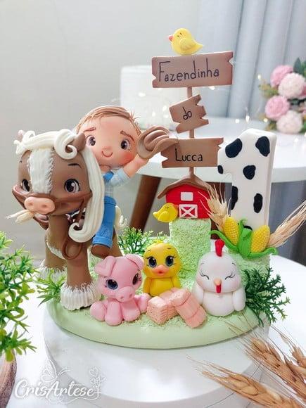 Topo de Bolo Vela Biscuit Fazendinha Menino