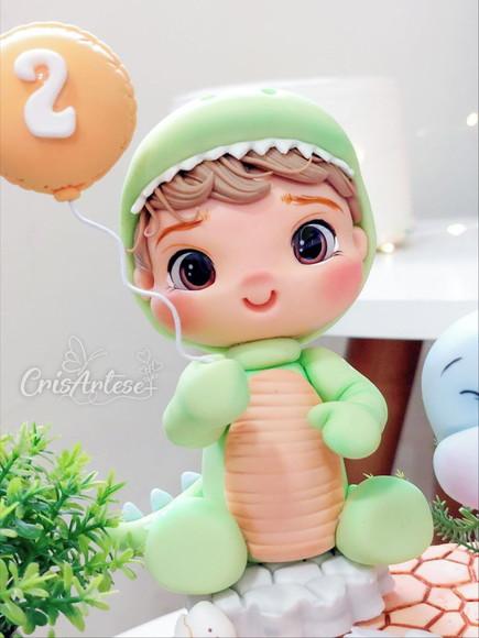 Vela Topo de Bolo Dinossauro Baby em Biscuit