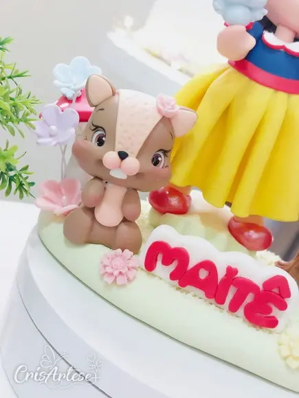 Topo de Bolo com Vela Branca de Neve em Biscuit