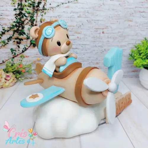 Topo de Bolo com Vela Ursinho Aviador
