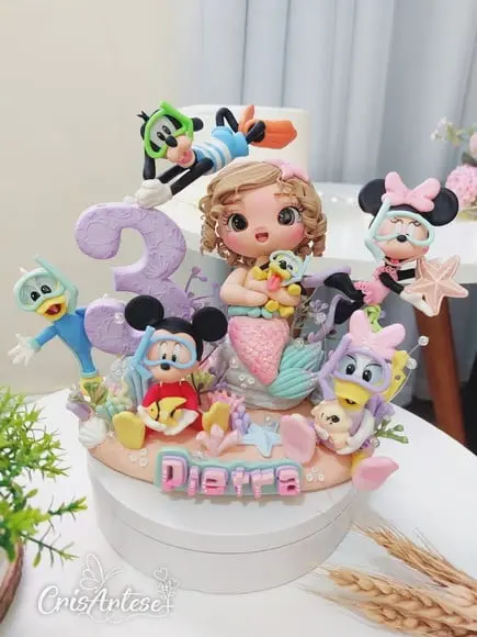 Topo de Bolo Mickey e Minnie Sereia Fundo do Mar Biscuit