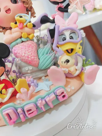 Topo de Bolo Mickey e Minnie Sereia Fundo do Mar Biscuit