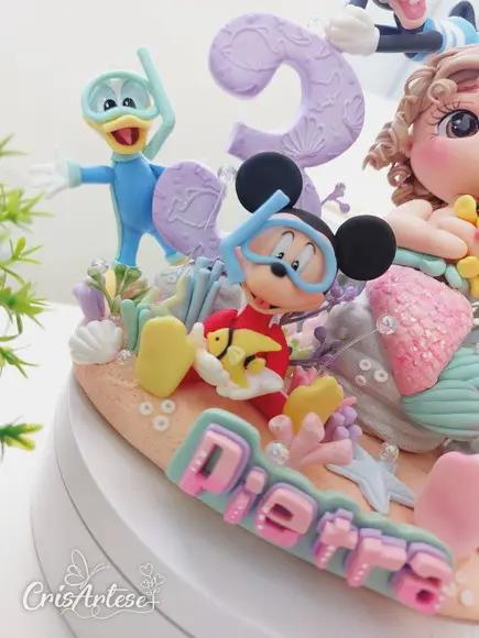 Topo de Bolo Mickey e Minnie Sereia Fundo do Mar Biscuit