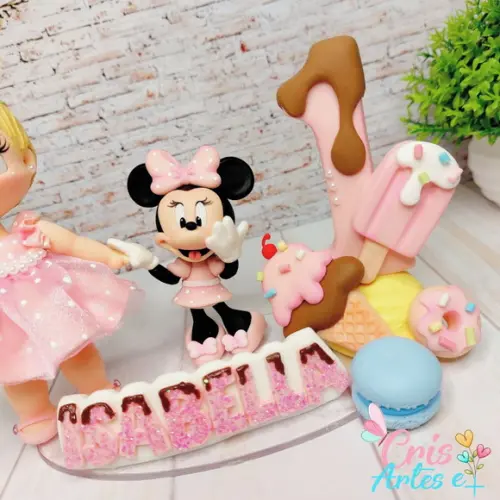 Topo de Bolo Minnie Rosa em Biscuit